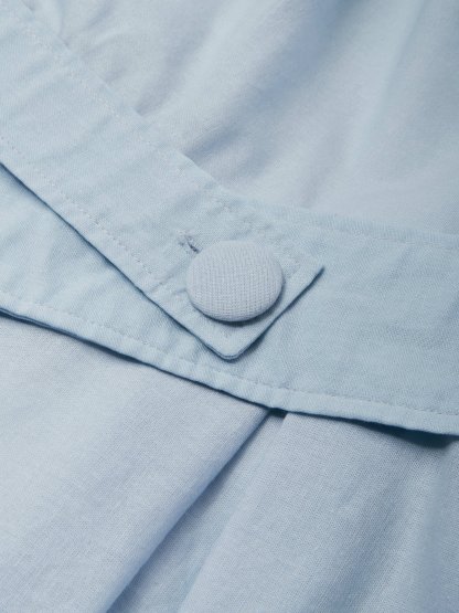 Midi Cotton Dress , Long Sleeves, Off Shoulder, Plain, Belt Design, French Vintage, Sky Blue - Sky Blue