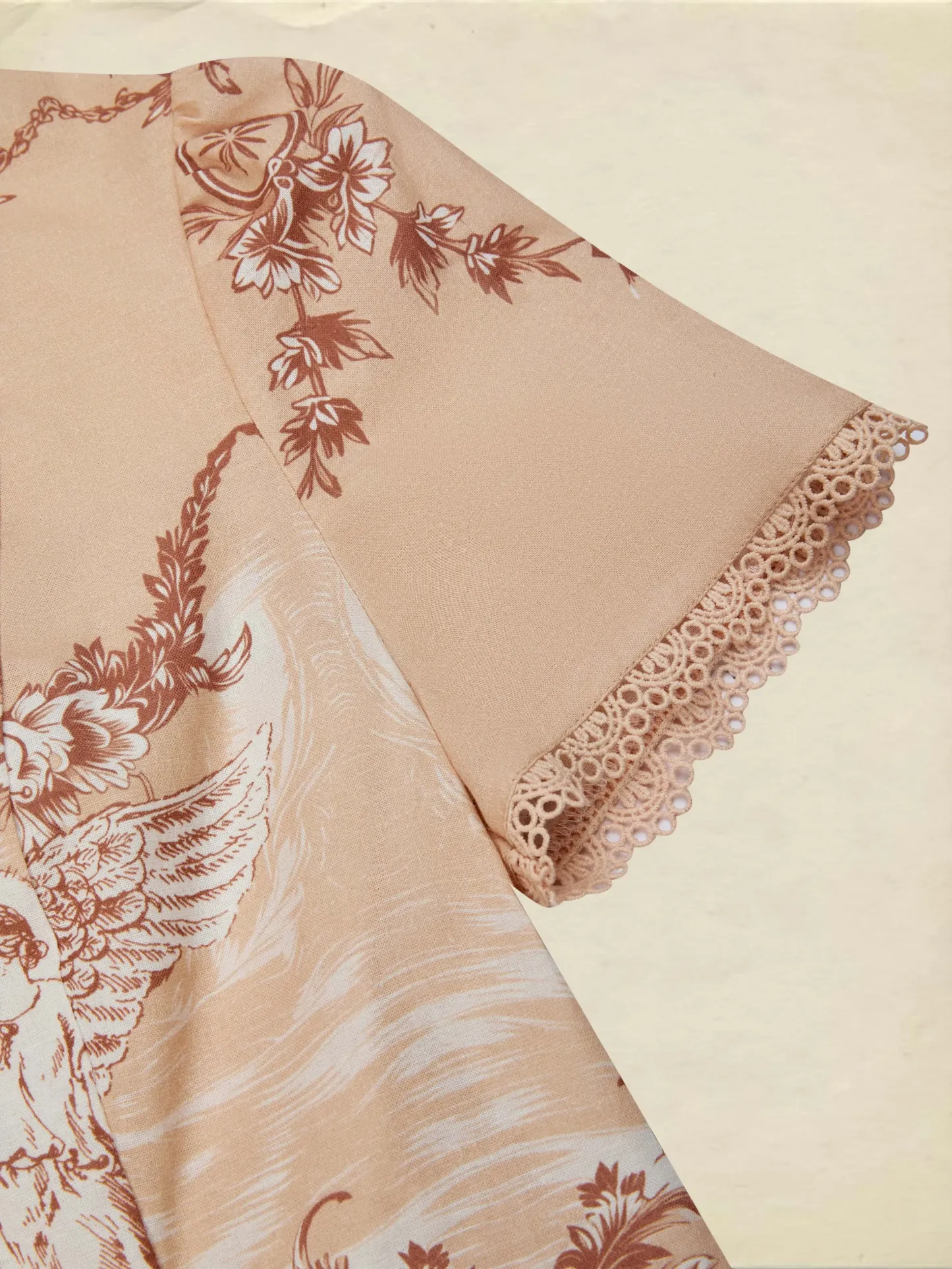 Cotton Shirt, Short Sleeves, Stand Collar, Angel, Lace, Vintage, Caramel - Caramel