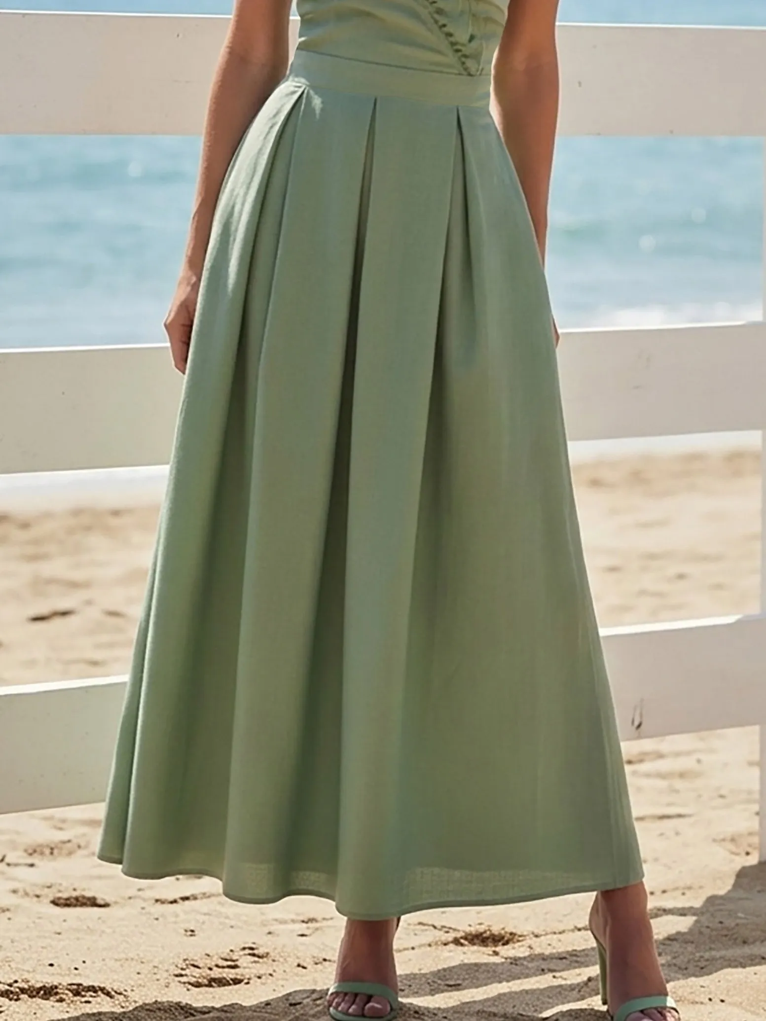 Maxi Linen Dress, Sleeveless, V Neck, Plain, Ruffles, French Vintage, Green - Green