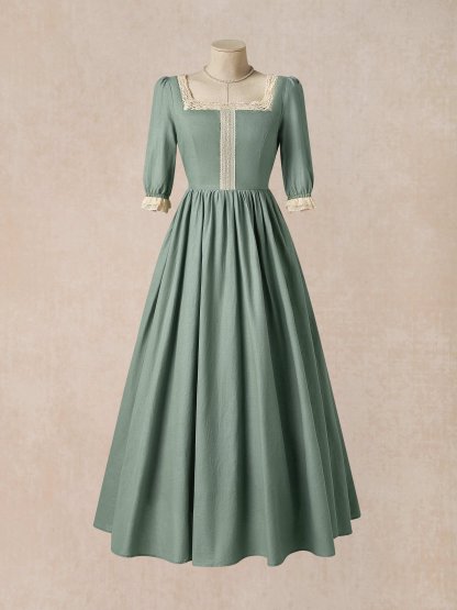 Maxi Linen Dress, 3/4 Sleeves, Square Neck, Lace Up, Linen Blend, Green - Green