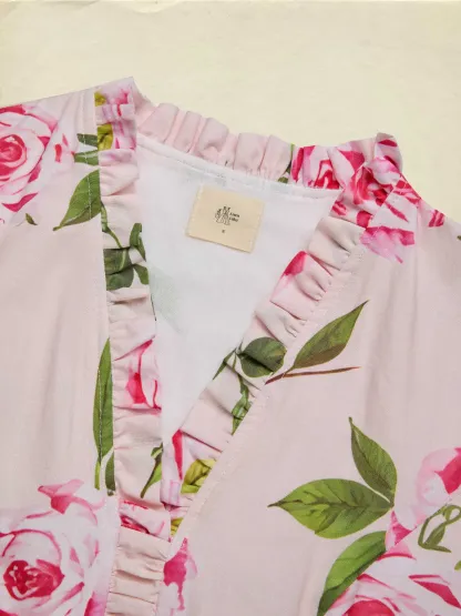 Midi Linen Dress , Long Sleeves, V Neck, Floral, Belt Design, Vacation, Vintage, Light Pink - Light Pink