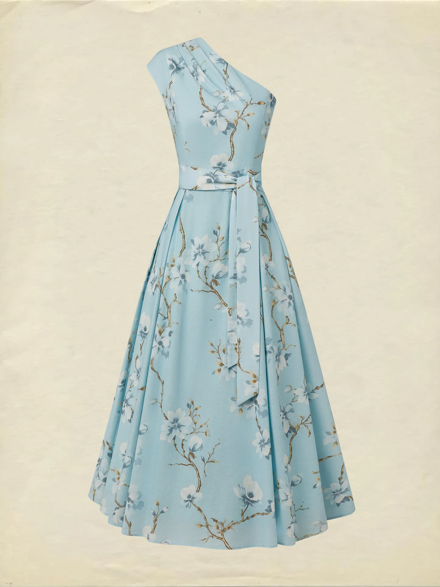 Maxi Linen Dress, Sleeveless, One Shoulder, Floral, Belt Design, Vacation, Vintage, Blue - Blue