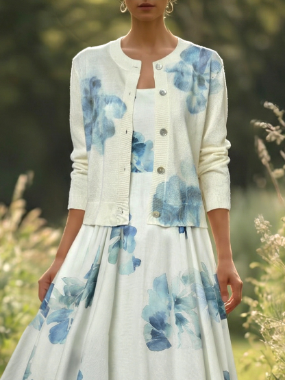 Wool Cardigan, Long Sleeves, Round Neck, Floral, Button Design, Vacation, Vintage, White - White