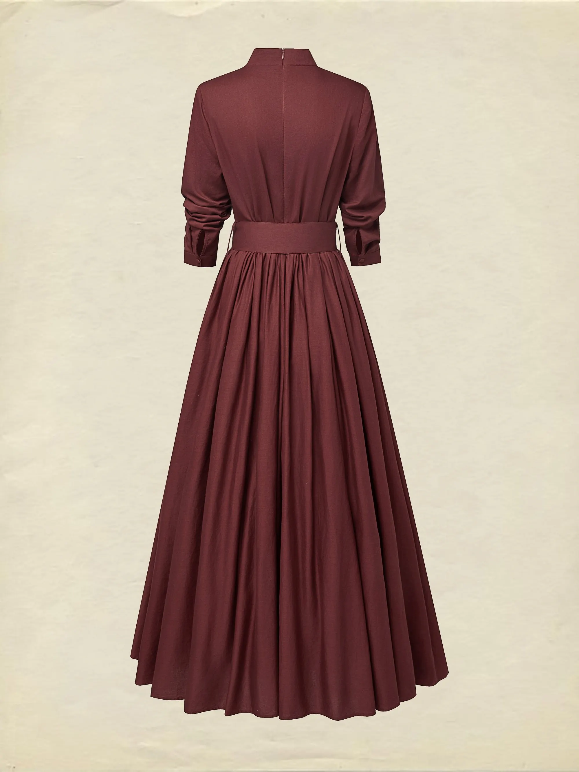 Maxi Linen Dress, Long Sleeves, Stand Collar, Plain, Button Design, Vintage, Red - Red