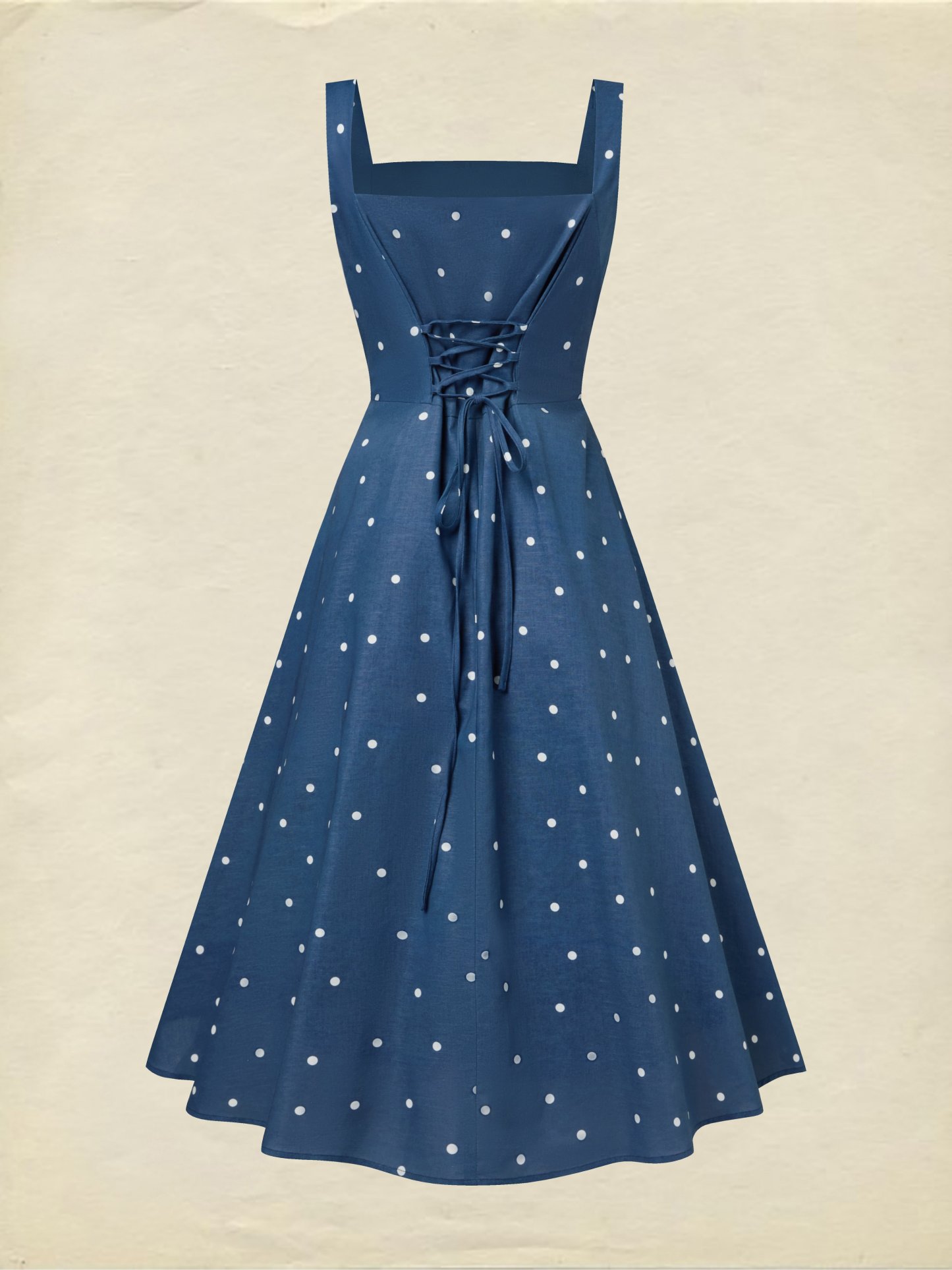 Midi Cotton Dress, Sleeveless, Square Neck, Polka Dots, Pocket Design, French Vintage, Deep Blue - Deep Blue