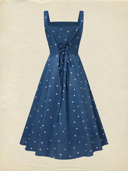 Midi Cotton Dress, Sleeveless, Square Neck, Polka Dots, Pocket Design, French Vintage, Deep Blue - Deep Blue