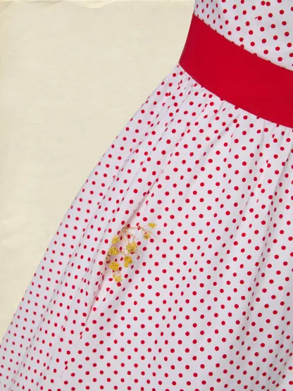 Cotton Maxi Dress, Short Sleeve, Square neck, Polka Dots, Vintage, White，Pure cotton - White