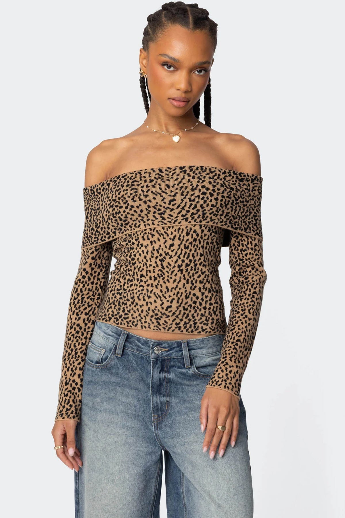 Leopard Printed Fold Over Knit Top - LEOPARD