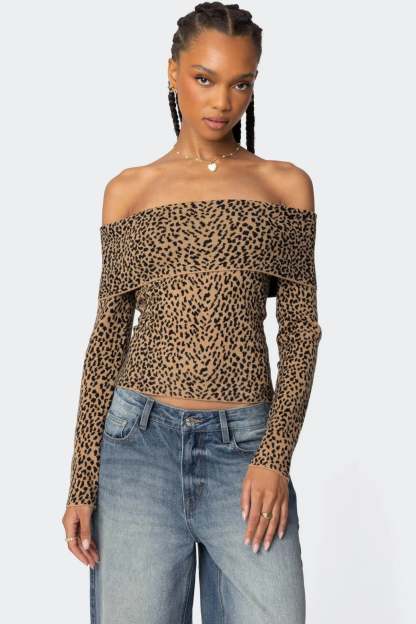 Leopard Printed Fold Over Knit Top - LEOPARD