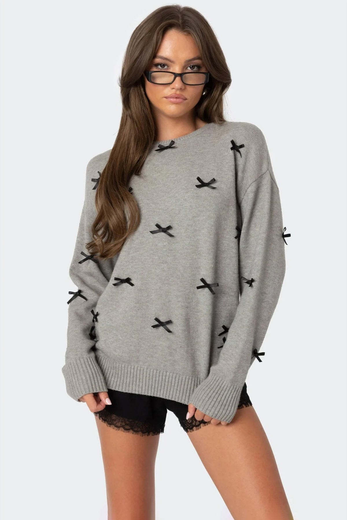 Satin Effect Bow Oversized Sweater - GRAY MELANGE