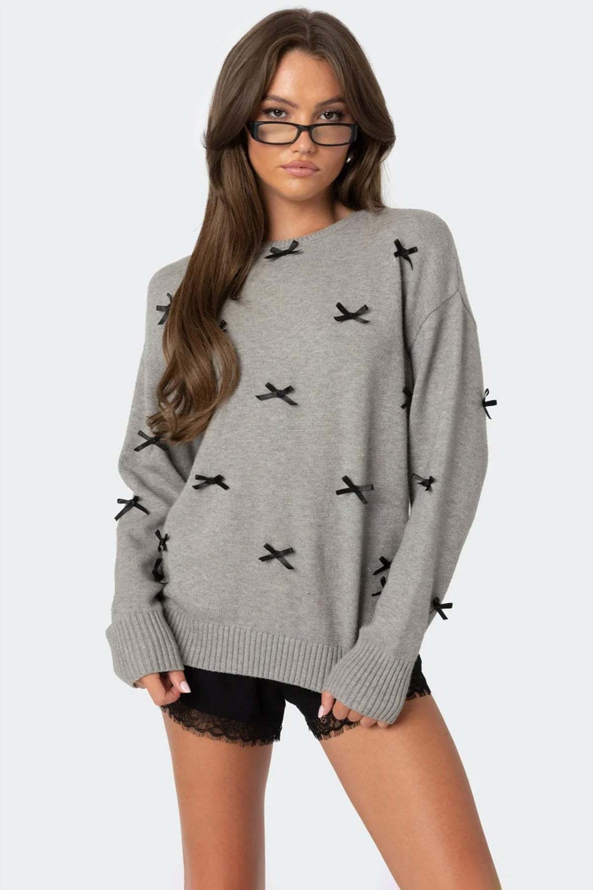 Satin Effect Bow Oversized Sweater - GRAY MELANGE
