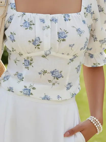 Linen Shirt, Short Sleeves, Square Neck, Floral, Button Design, Vintage, Blue - Blue