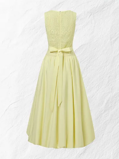 Midi Cotton Dress, Sleeveless, Round Neck, Plain, Lace, French Vintage, Light Yellow - Light Yellow