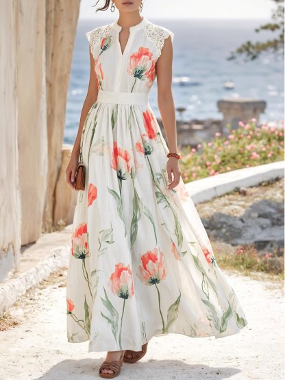 Maxi Linen Dress , Sleeveless, V Neck, Floral, Lace, Vacation, Vintage, Coral - Coral