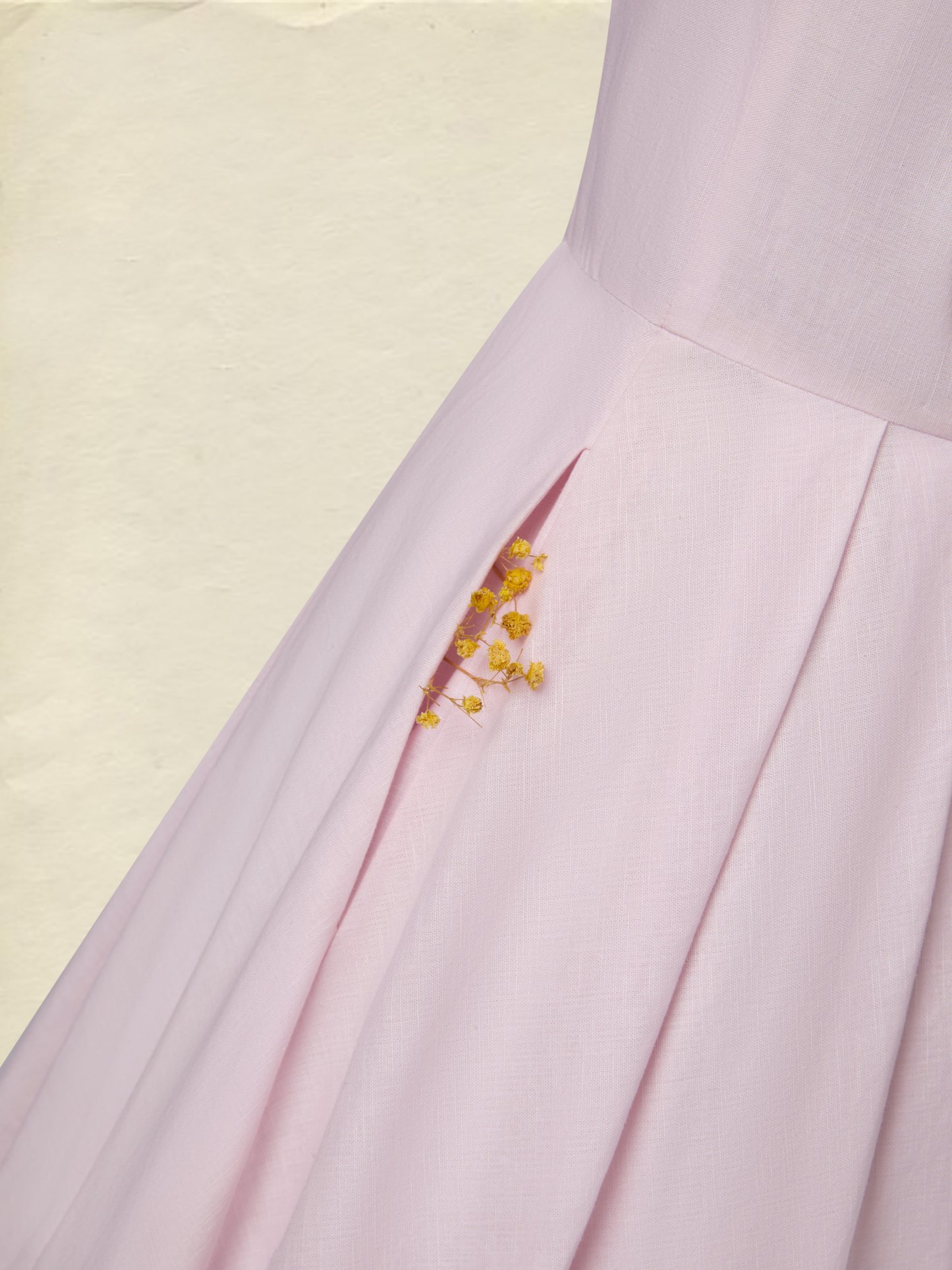 Midi Linen Dress, Half Sleeve, V Neck, Plain, Pocket Design, French Vintage, Light Pink - Light Pink