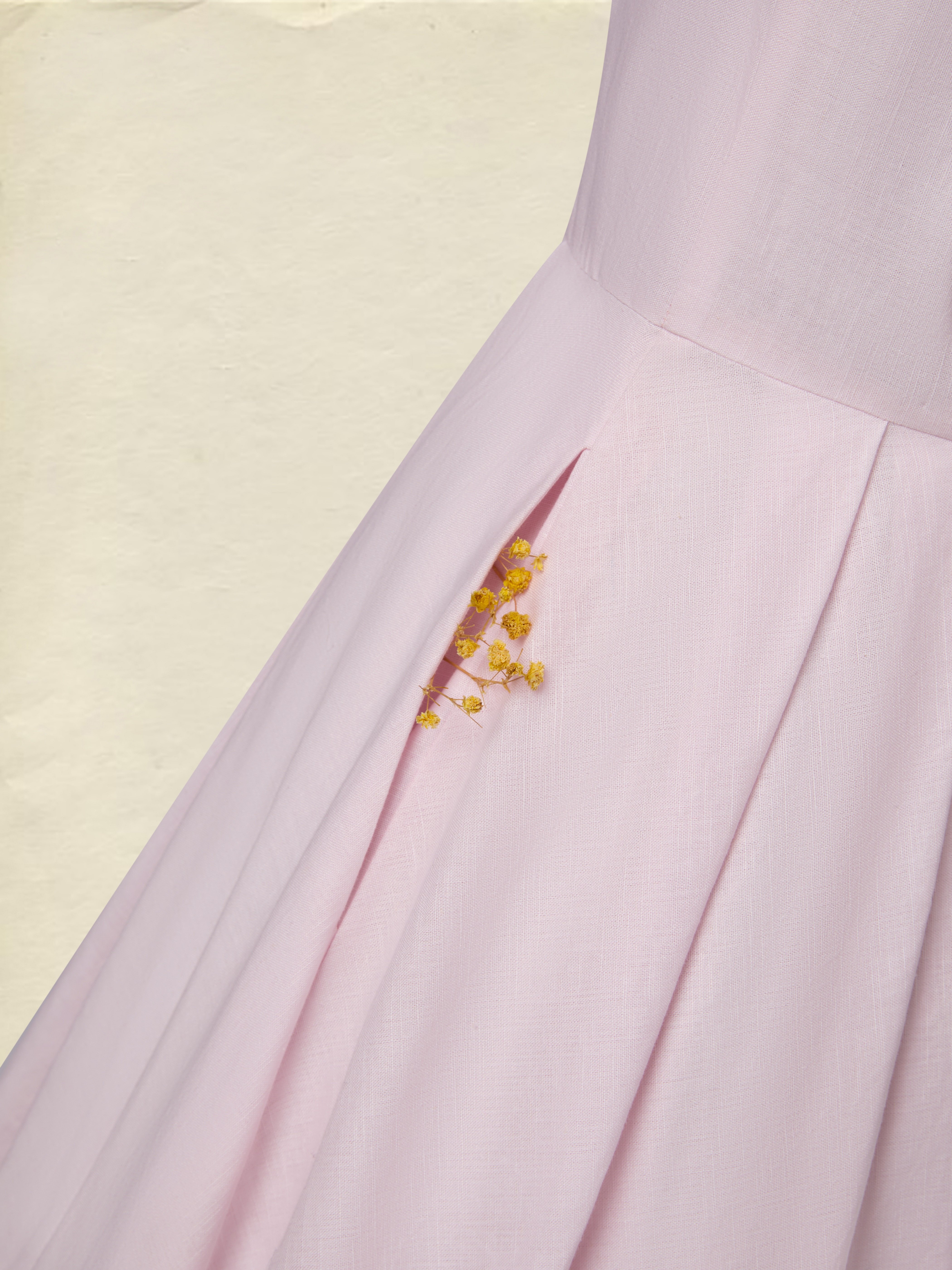 Midi Linen Dress, Half Sleeve, V Neck, Plain, Pocket Design, French Vintage, Light Pink - Light Pink