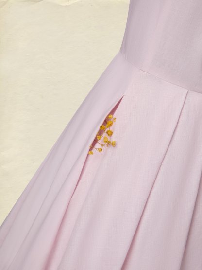 Midi Linen Dress, Half Sleeve, V Neck, Plain, Pocket Design, French Vintage, Light Pink - Light Pink