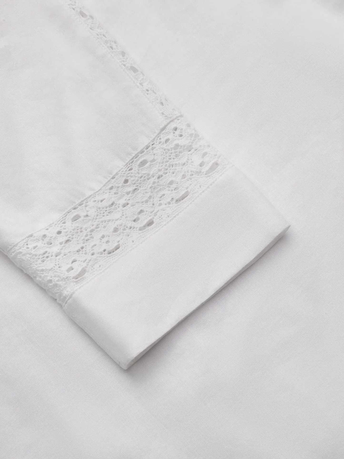 Midi Cotton Dress, Half Sleeve, Round Neck, Plain, Lace, Vacation, Vintage, White - White
