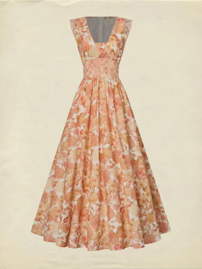 Maxi Linen Dress, Sleeveless, V Neck, Floral, Lace, Vacation, Vintage, Light Orange - Light Orange