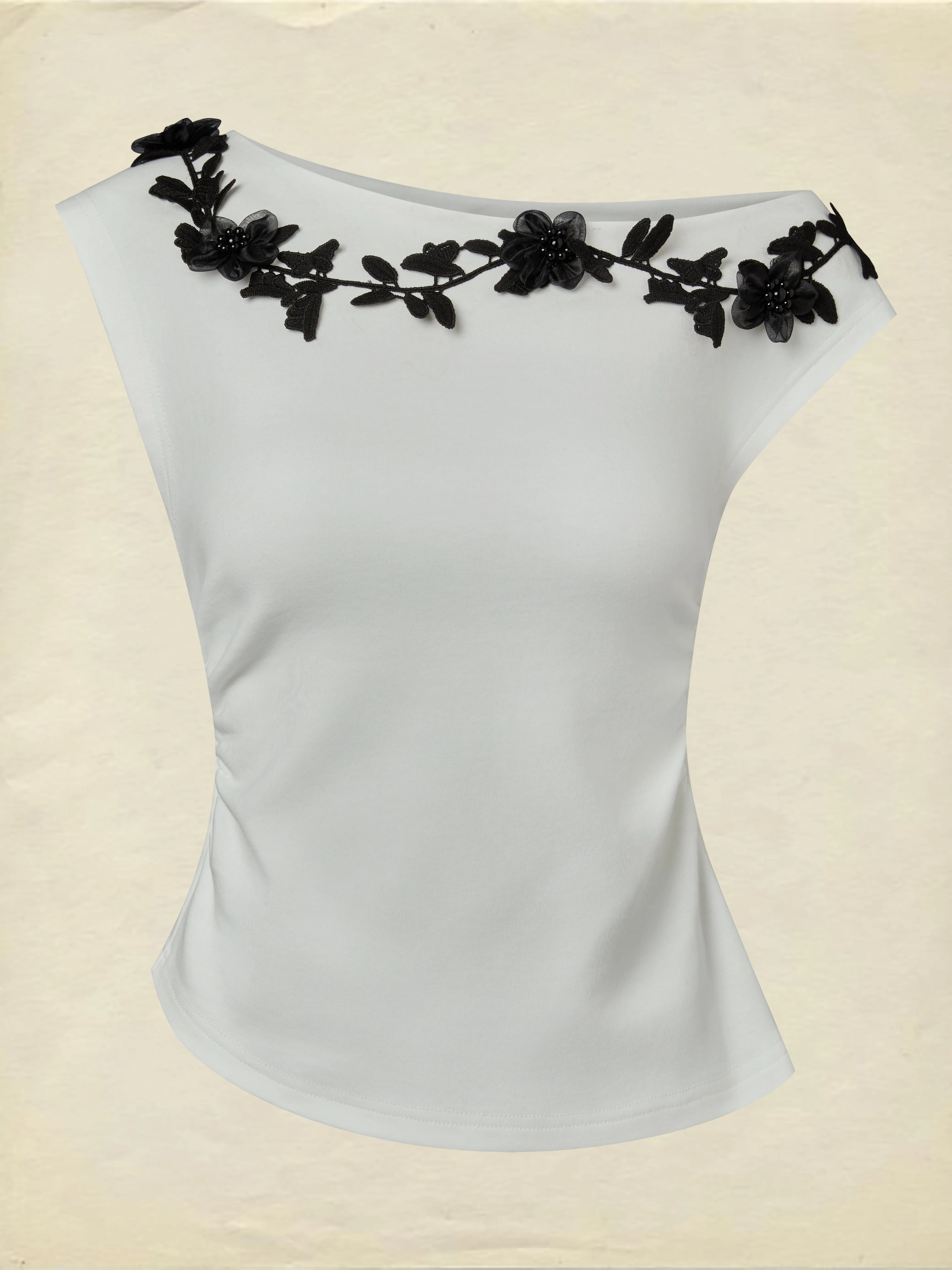 Cotton Knit Tee, Short Sleeves, Plain, 3D Floral, French Vintage, Ivory - Ivory