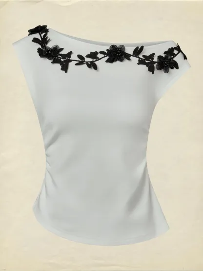 Cotton Knit Tee, Short Sleeves, Plain, 3D Floral, French Vintage, Ivory - Ivory