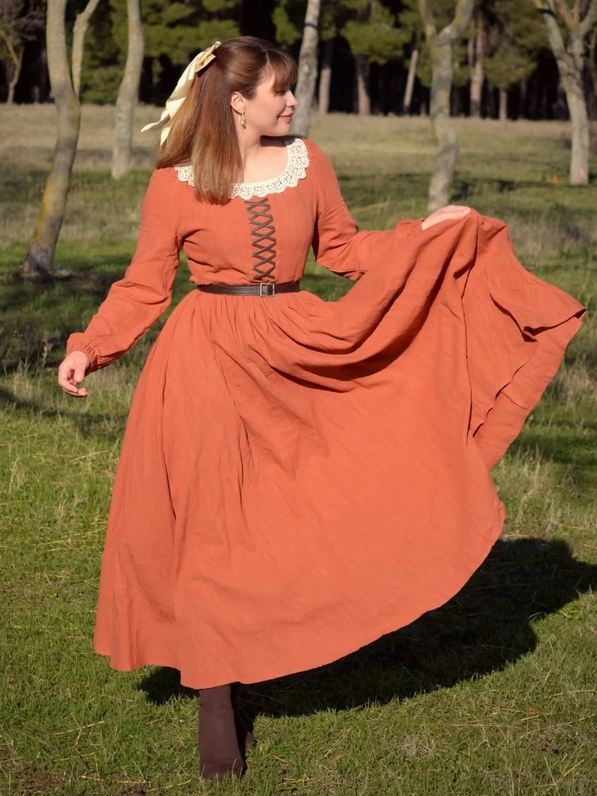 Maxi Cotton Dress, Long Sleeves, Square Neck,  Princess Line, Linen Blend, Orange - Orange