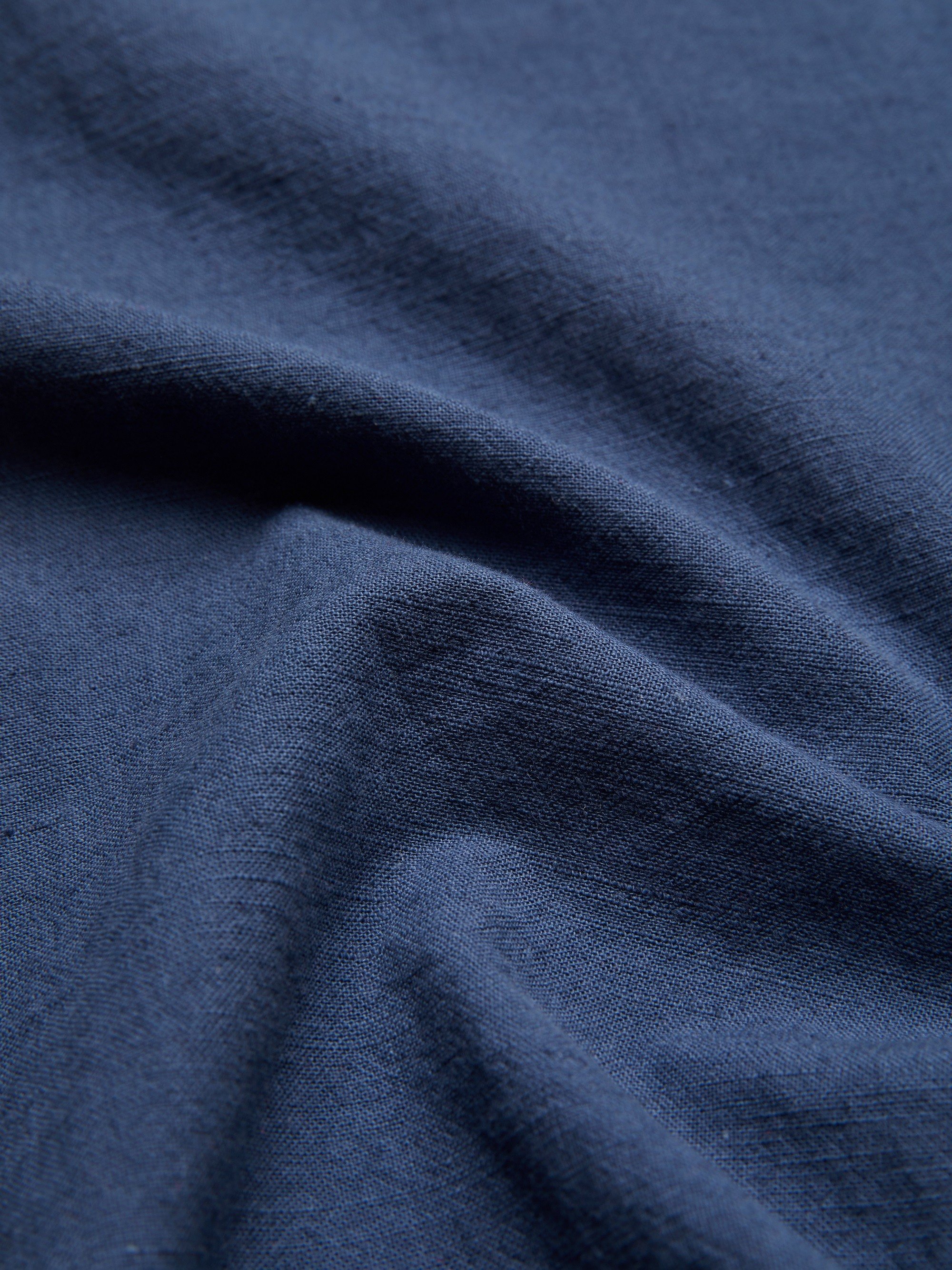 Linen Shirt, Long Sleeves, Shawl Collar, Plain, Lace, Vintage, Blue - Blue
