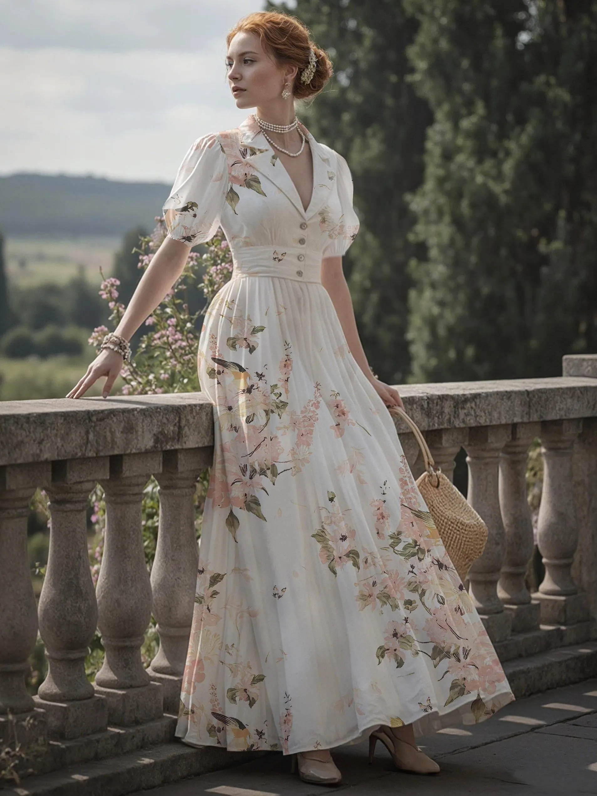 Linen Maxi Dress, Balloon Sleeve, Shawl Collar, Floral, Vintage, White - White