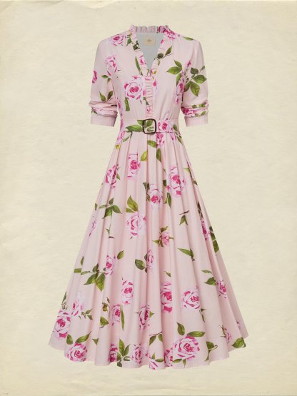 Midi Linen Dress , Long Sleeves, V Neck, Floral, Belt Design, Vacation, Vintage, Light Pink - Light Pink