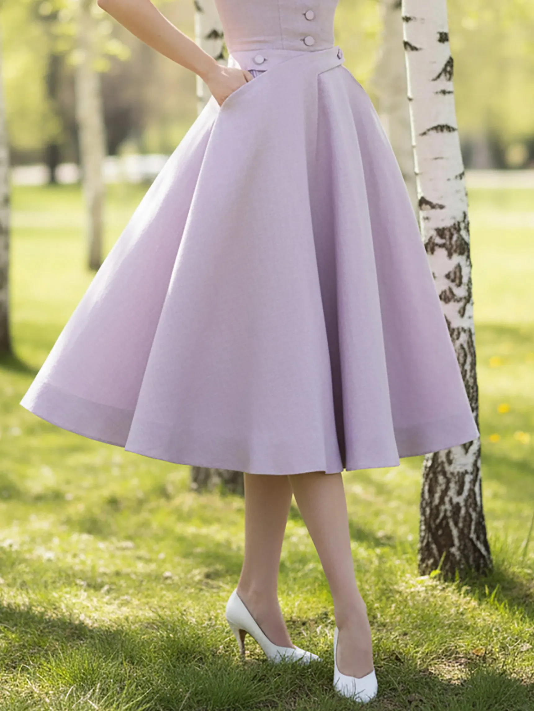 Midi Linen Dress, Sleeveless, Lapel Collar, Plain, Button Design, French Vintage, Light Purple - Light Purple