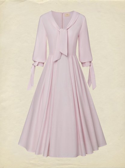 Midi Linen Dress, Half Sleeve, V Neck, Plain, Pocket Design, French Vintage, Light Pink - Light Pink