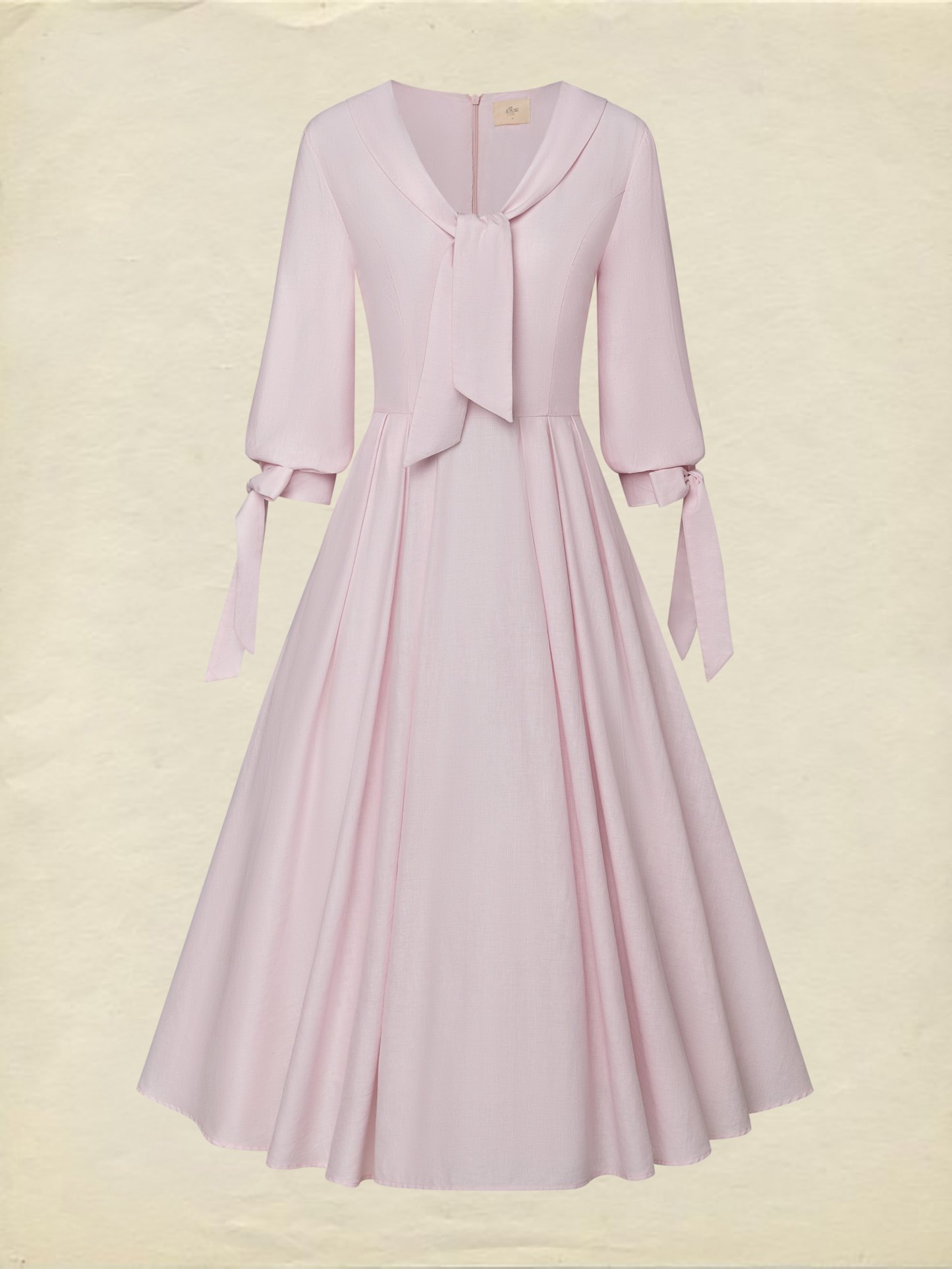 Midi Linen Dress, Half Sleeve, V Neck, Plain, Pocket Design, French Vintage, Light Pink - Light Pink