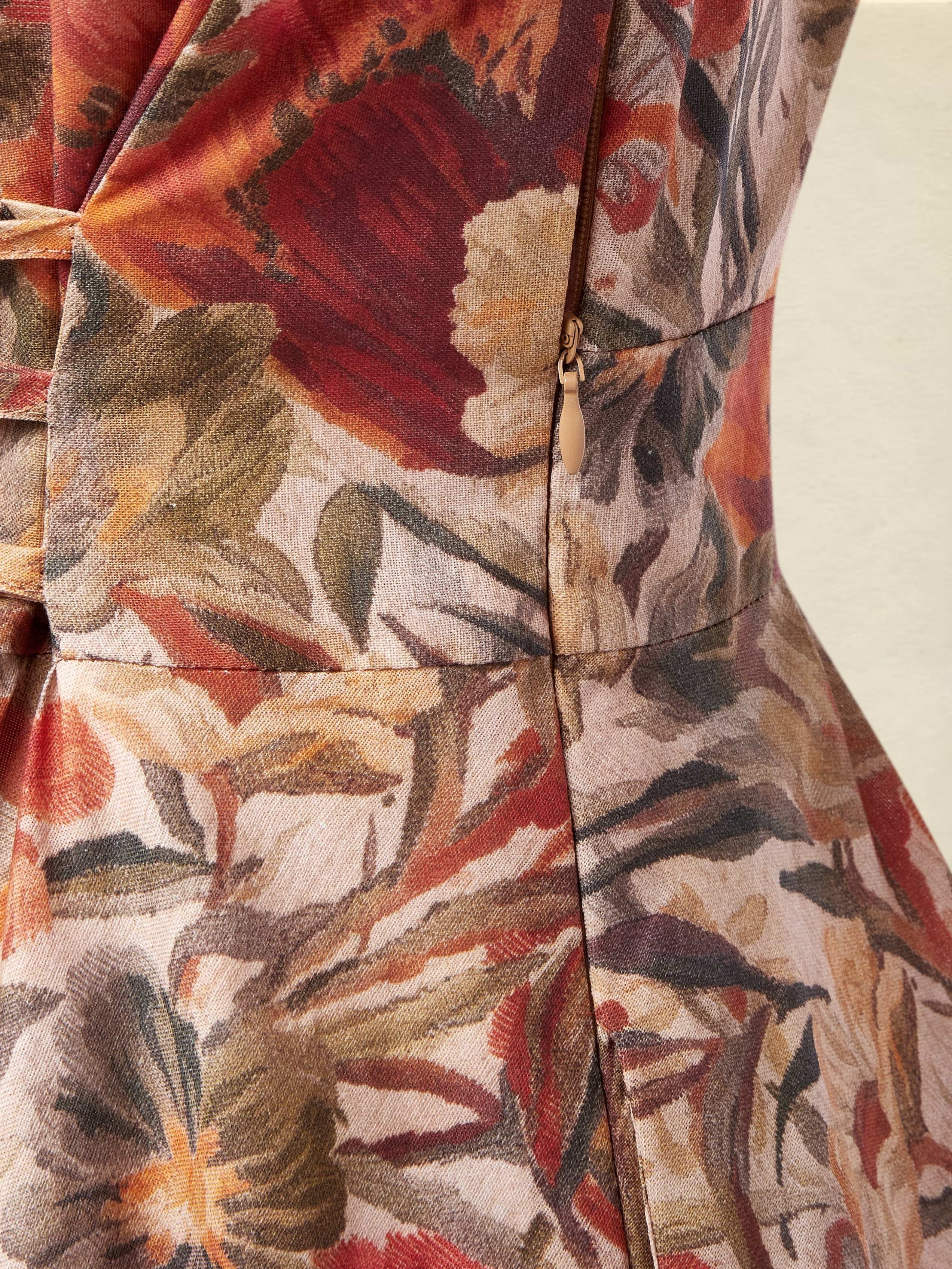 Midi Linen Dress, Long Sleeves, V Neck, Floral, Pocket Design, Vacation, Vintage, Yellow Brown - Yellow Brown