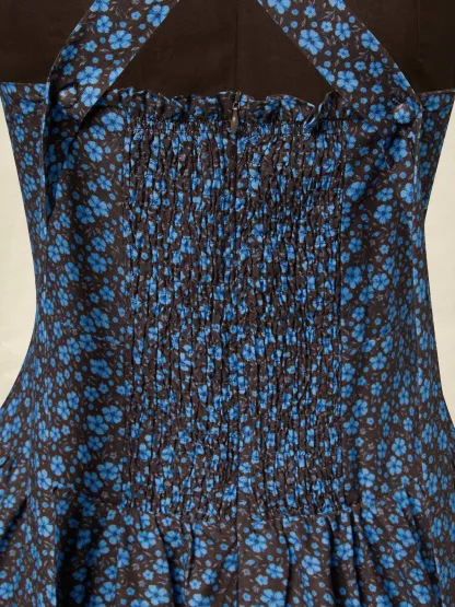Maxi Cotton Dress, Sleeveless, V Neck, Floral, Lace, Vintage, Blue - Blue
