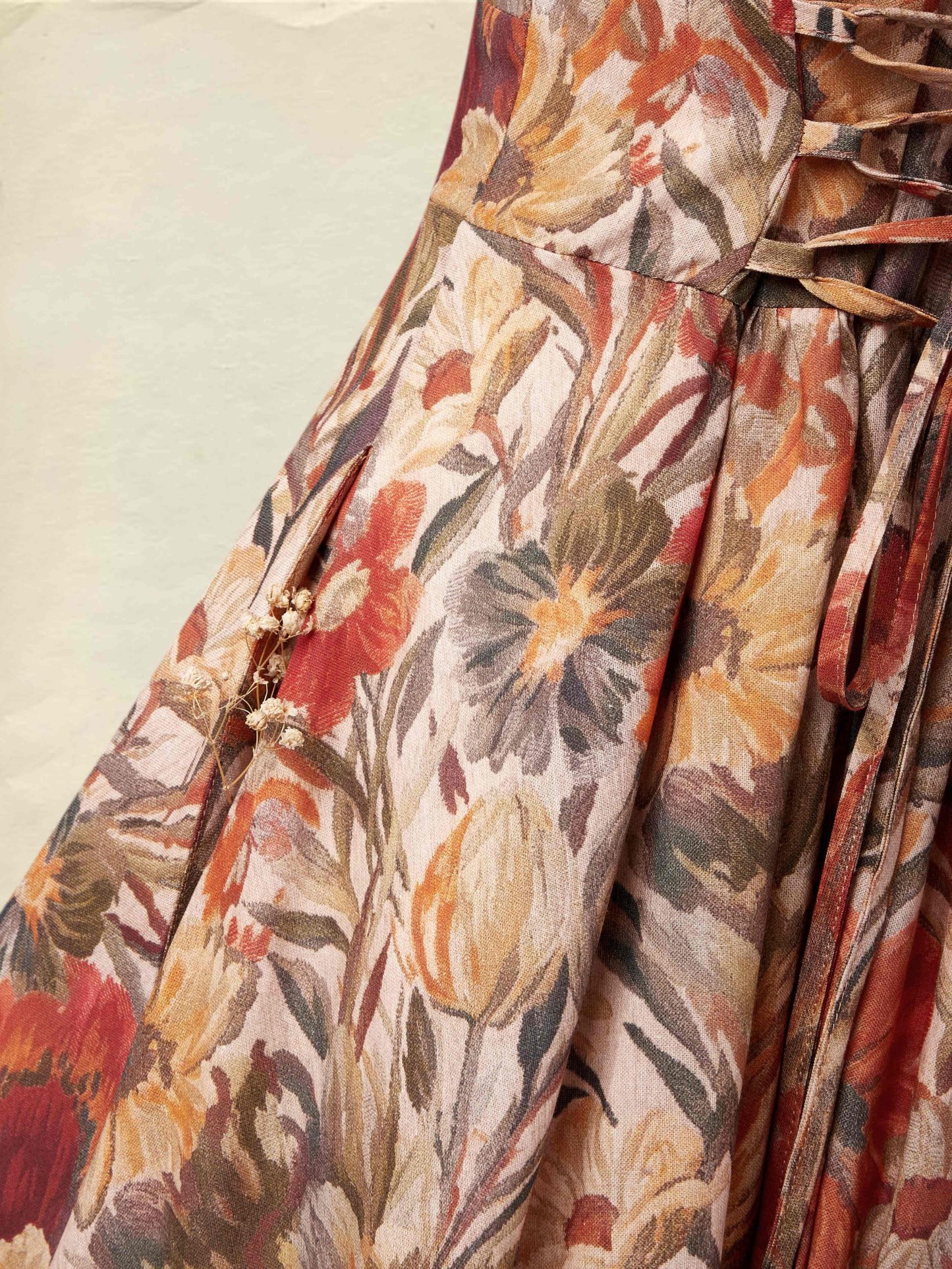 Midi Linen Dress, Long Sleeves, V Neck, Floral, Pocket Design, Vacation, Vintage, Yellow Brown - Yellow Brown
