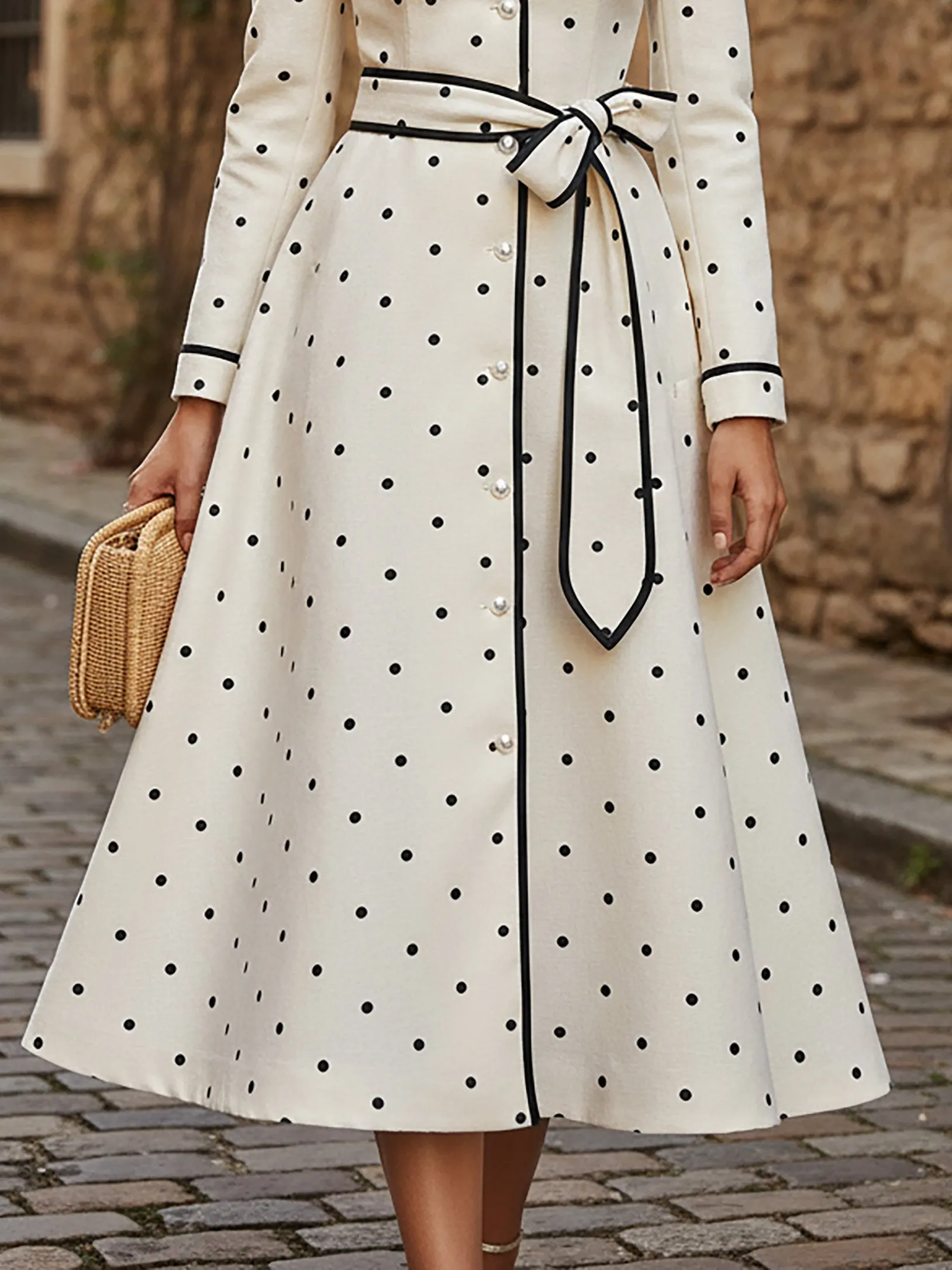 Midi Linen Dress, Long Sleeves, Lapel Collar, Polka Dots, Button Design, Vintage, Ivory - Ivory