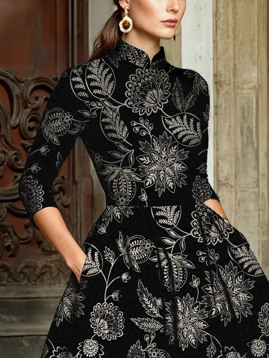 Midi Linen Dress, Half Sleeve, Stand Collar, Paisley, Floral, Pocket Design, Vintage, Black - Black