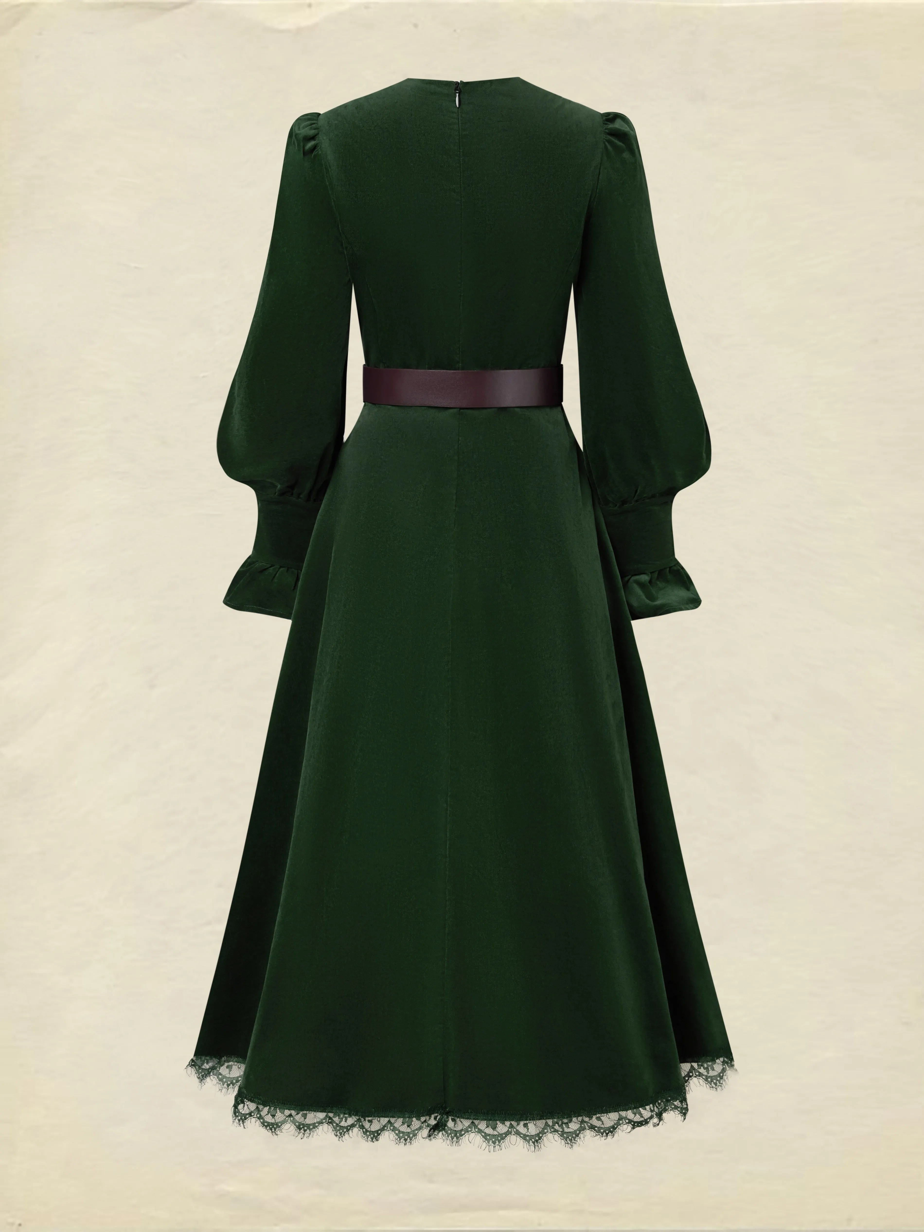 Midi Cotton Dress, Long Sleeves, V Neck, Plain, Lace, Vintage, Green - Green