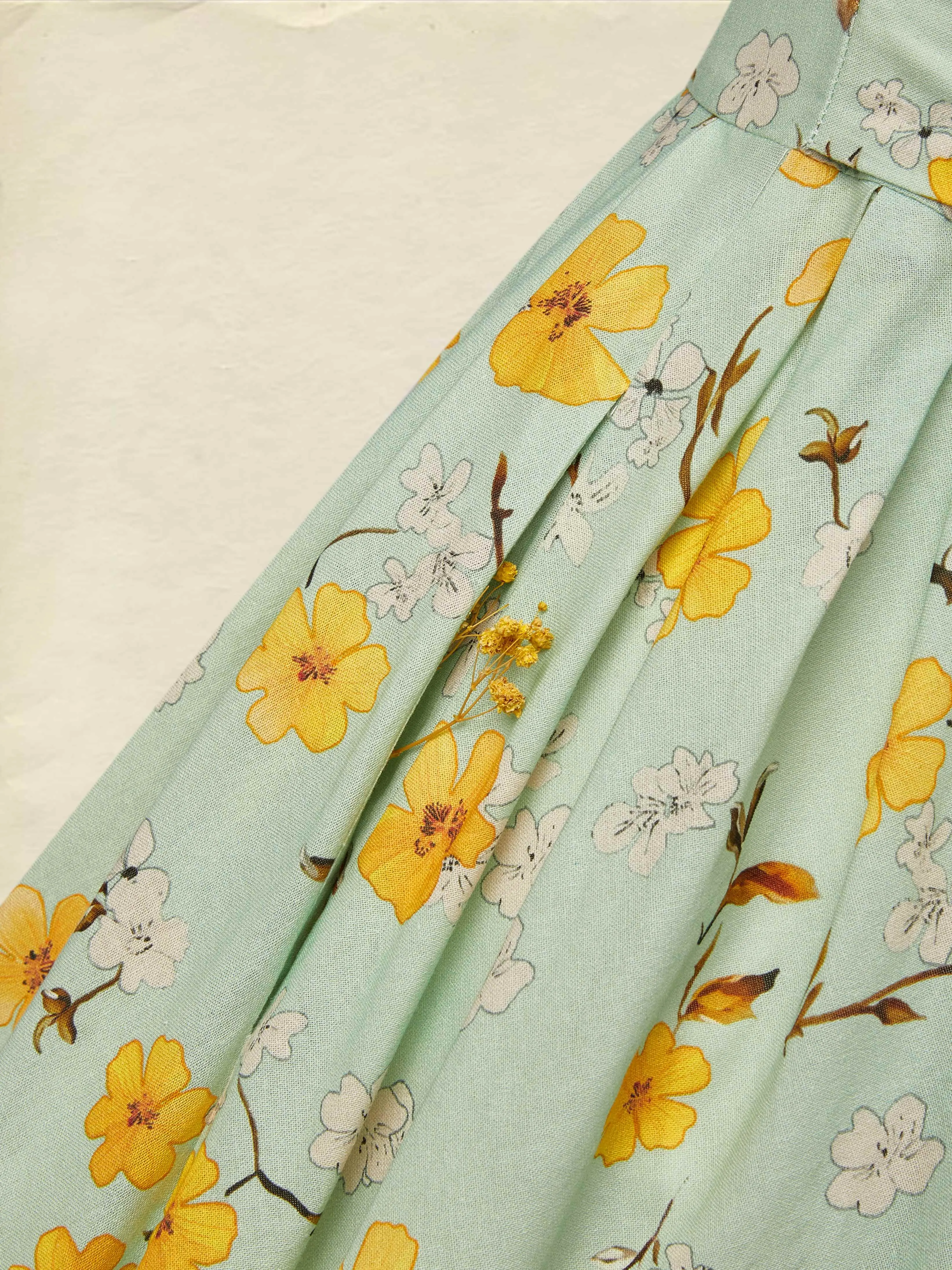 Midi Linen Dress , Sleeveless, Halter, Floral, Pocket Design, Vacation, Vintage, Green - Aqua