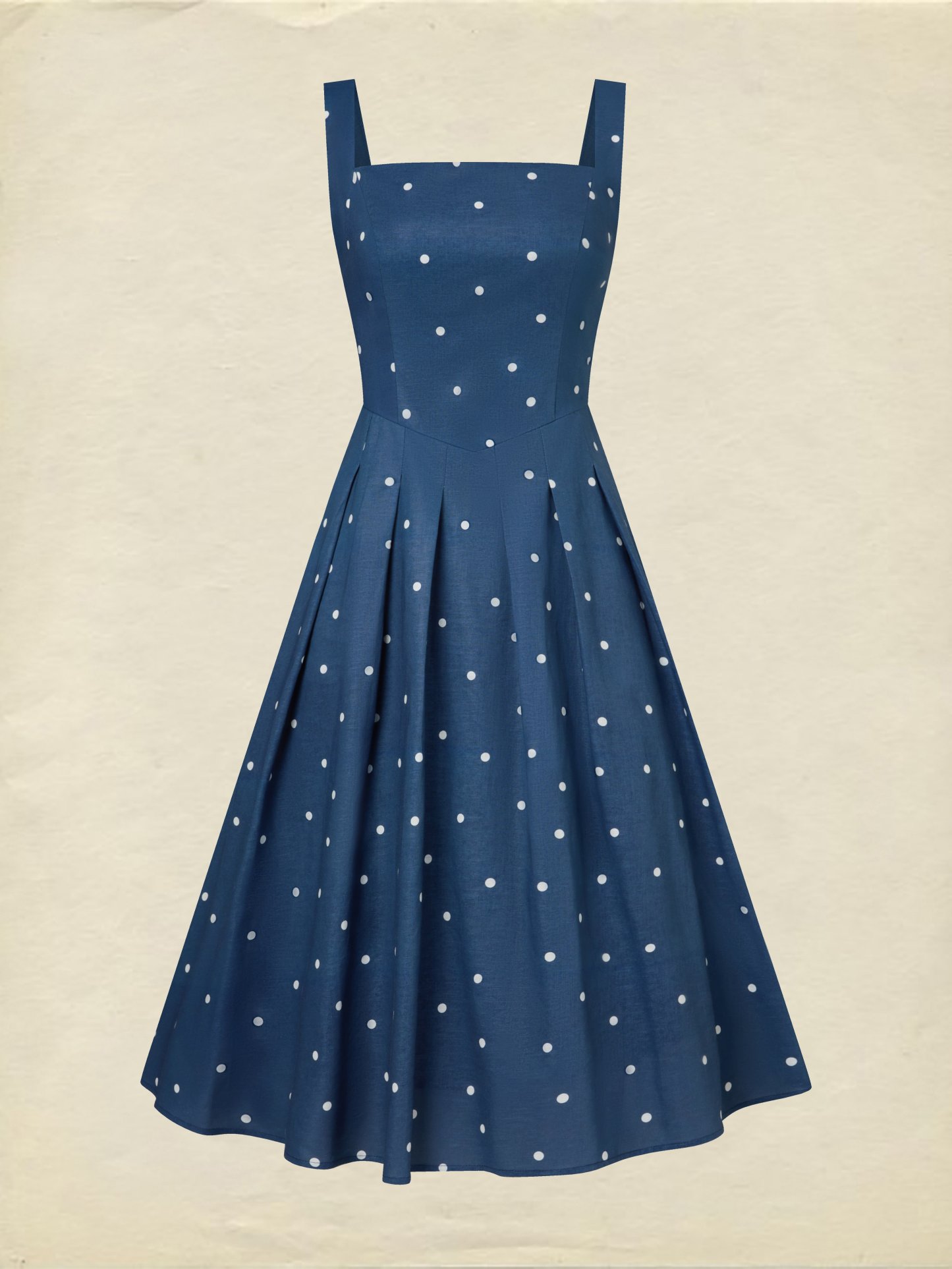 Midi Cotton Dress, Sleeveless, Square Neck, Polka Dots, Pocket Design, French Vintage, Deep Blue - Deep Blue
