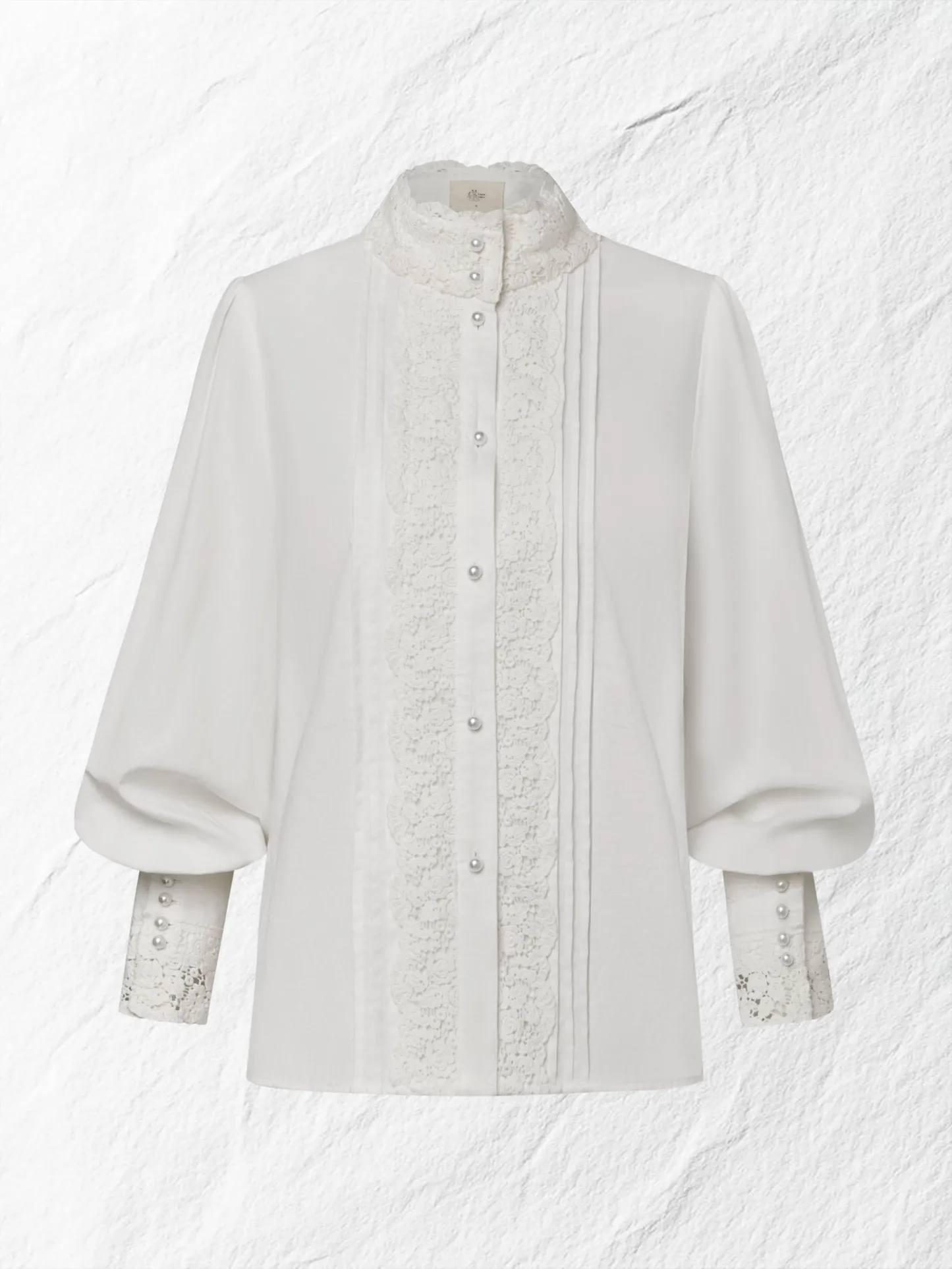 Linen Shirt, Long Sleeves, Stand Collar, Plain, Lace, Vintage, Ivory - Ivory