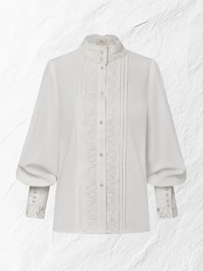 Linen Shirt, Long Sleeves, Stand Collar, Plain, Lace, Vintage, Ivory - Ivory