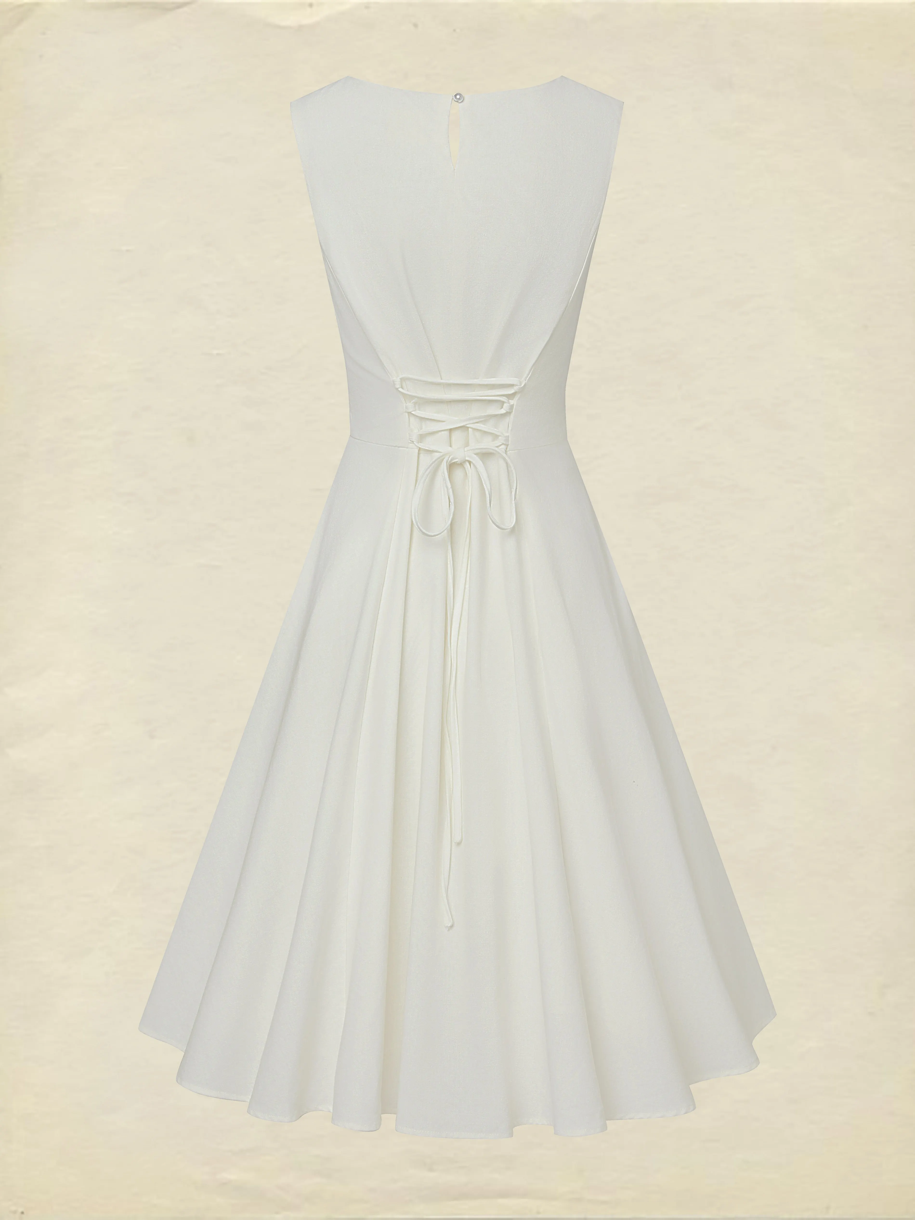 Midi Linen Dress , Sleeveless, Round Neck, Plain, Lace, French Vintage, White - White