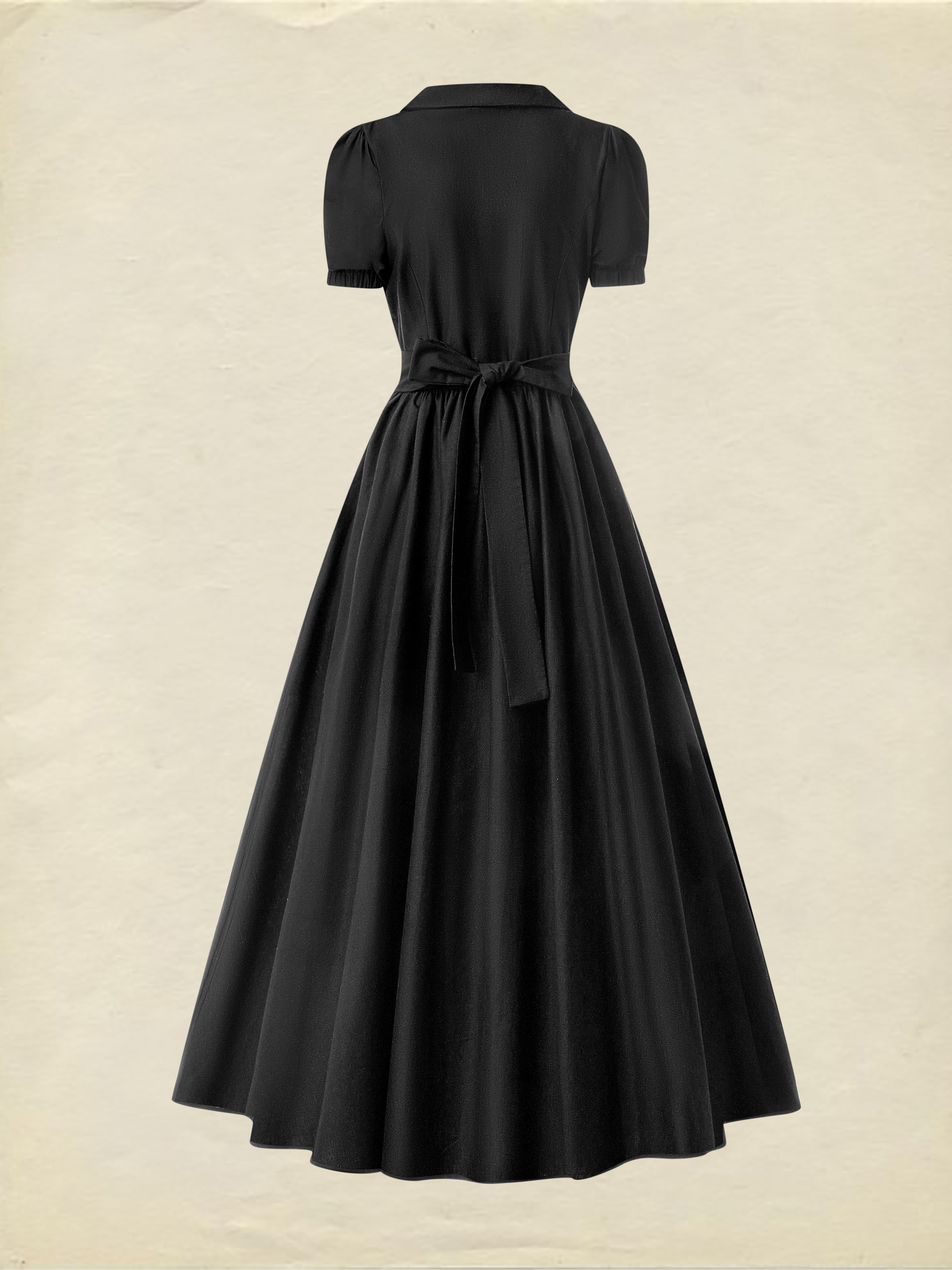 Maxi Cotton Dress, Short Sleeve, Shawl Collar, Plain, Summer, Black - Black