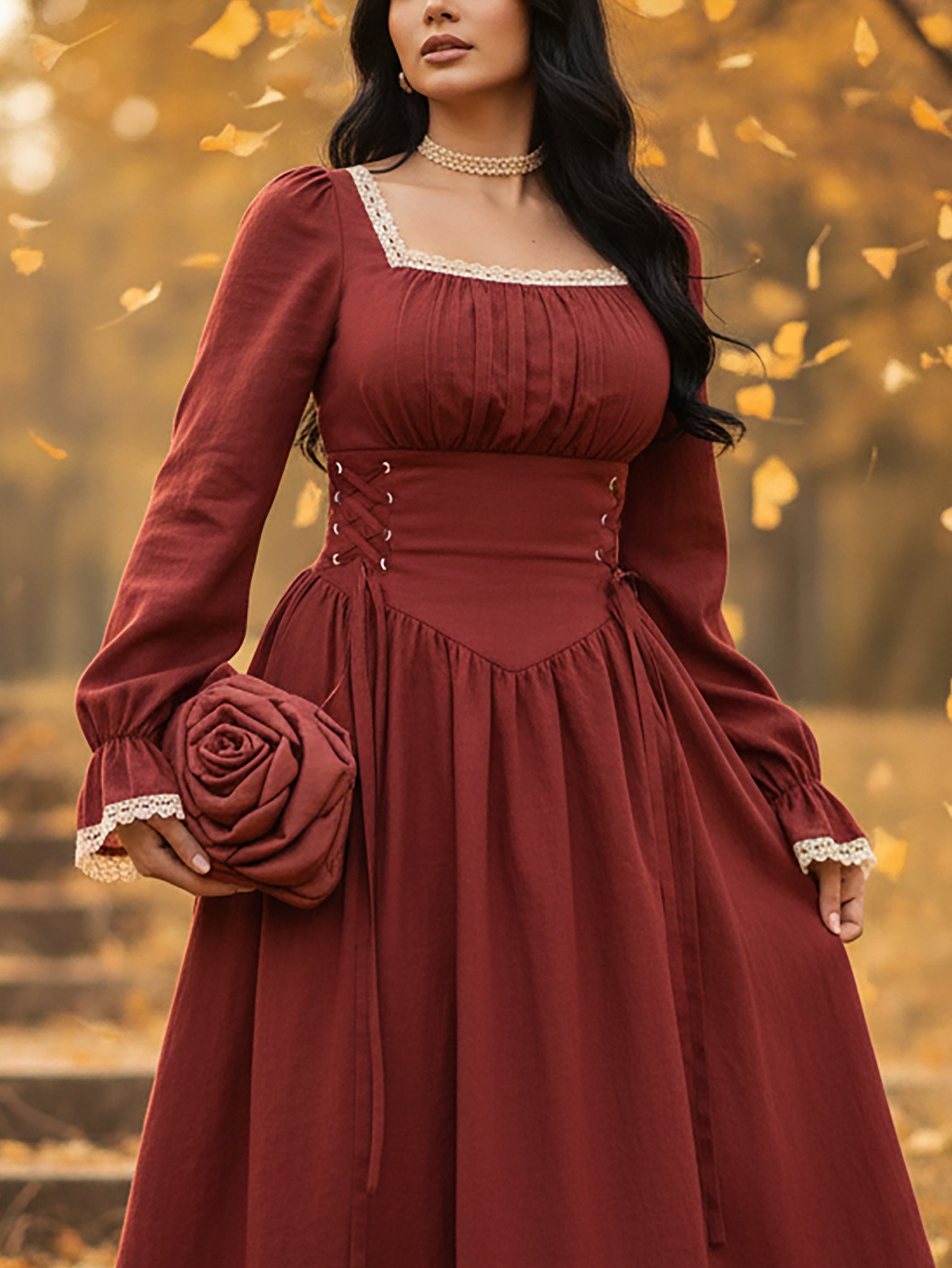 Maxi Linen Dress, Long Sleeves, Square Neck, Plain, Lace, French Vintage, Red - Red