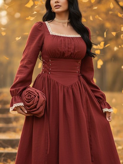 Maxi Linen Dress, Long Sleeves, Square Neck, Plain, Lace, French Vintage, Red - Red