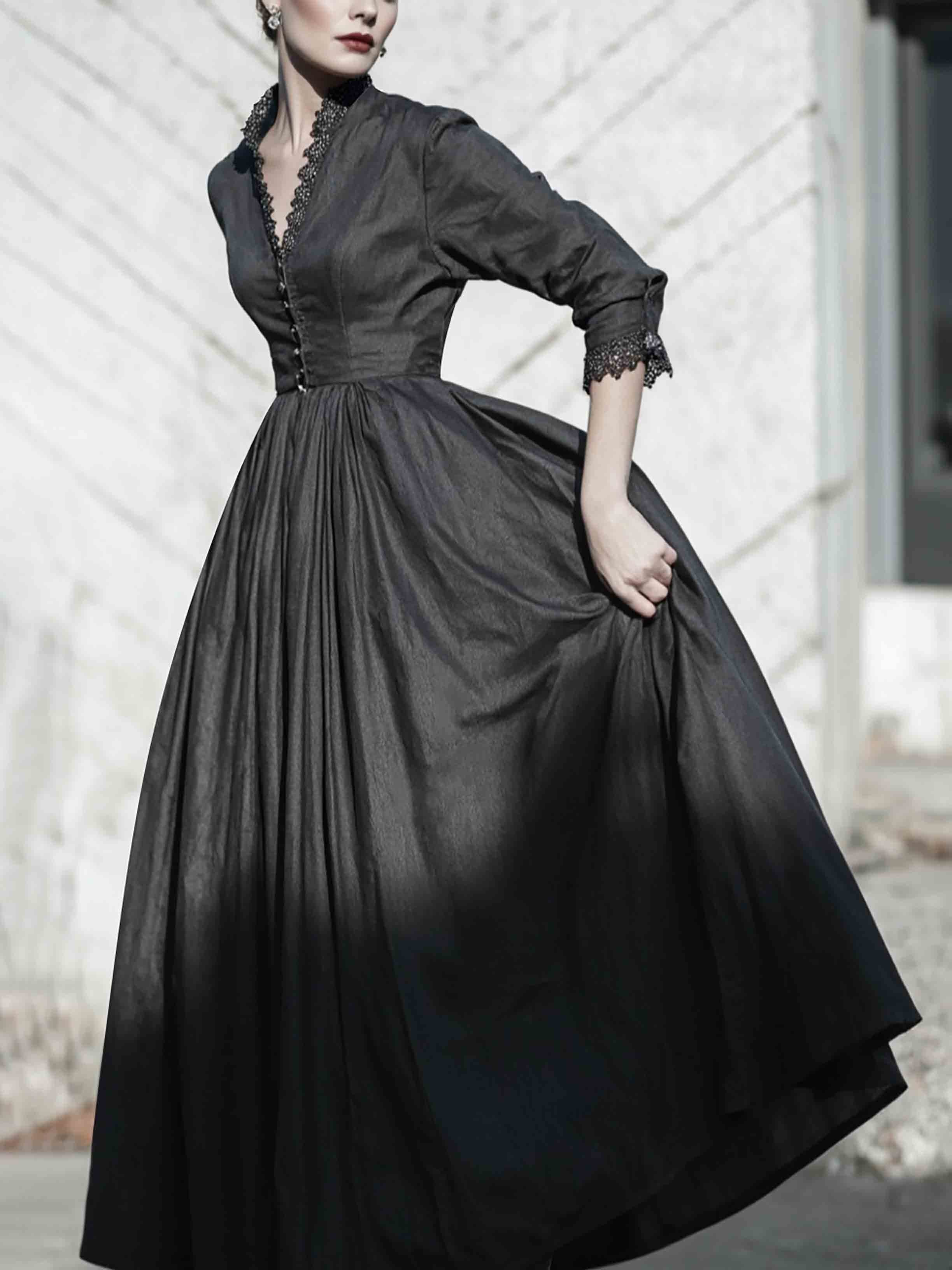 Maxi Linen Dress, Half Sleeve, V Neck, Plain, Button Design, Vintage, Black - Black