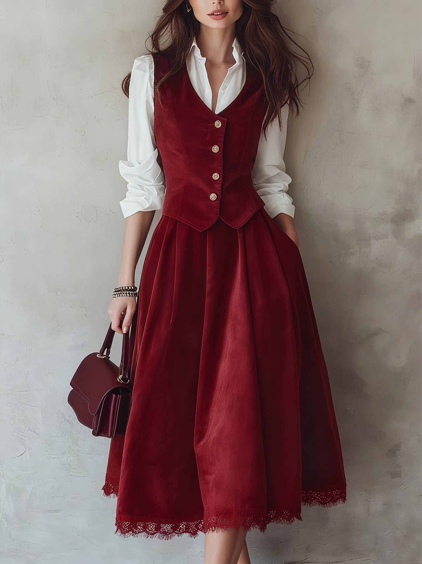 Cotton Vest (Shirt and Skirt Not Included), Sleeveless, V Neck, Plain, Button Design, Vintage, Wine Red - Wine Red