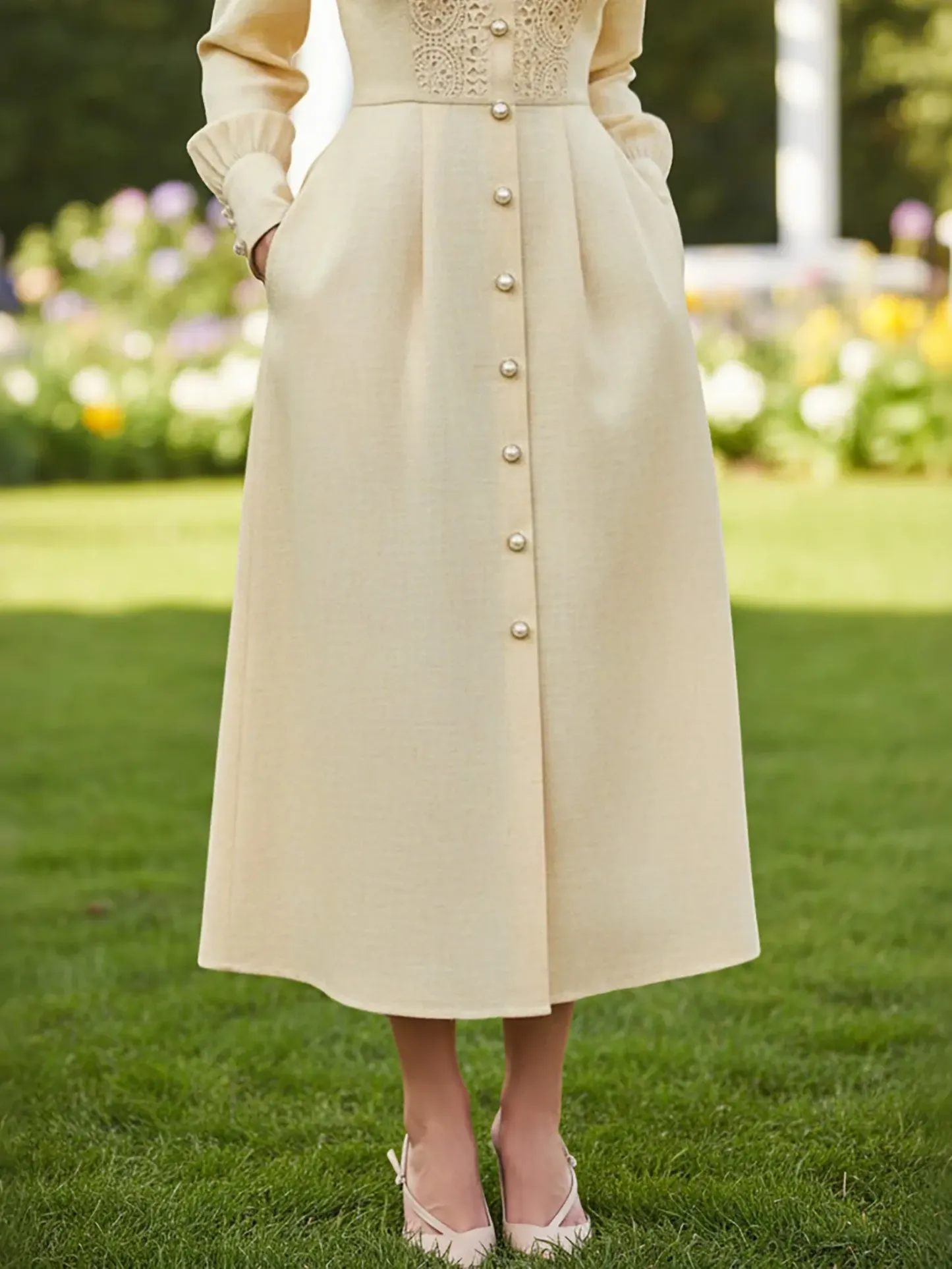Midi Cotton Dress, Long Sleeves, Stand Collar, Plain, Lace, French Vintage, Beige - Beige