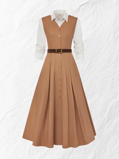Maxi Linen Dress Set & Shirt, Long Sleeves, Shawl Collar, Plain, Button Design, French Vintage, Light Brown - Light Brown